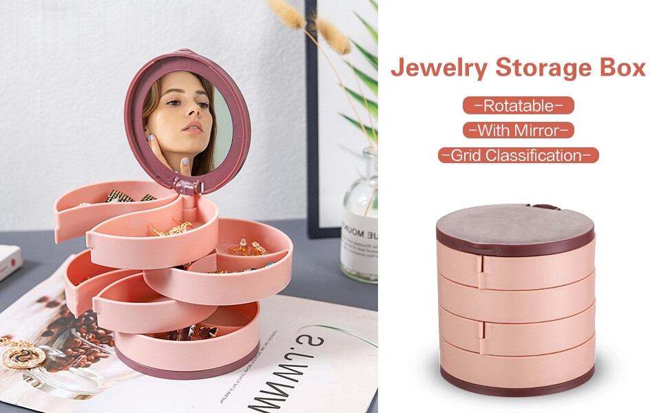 Veki - Caja de almacenamiento de joyas con espejo, organizador de joyas pequeñas para mujer