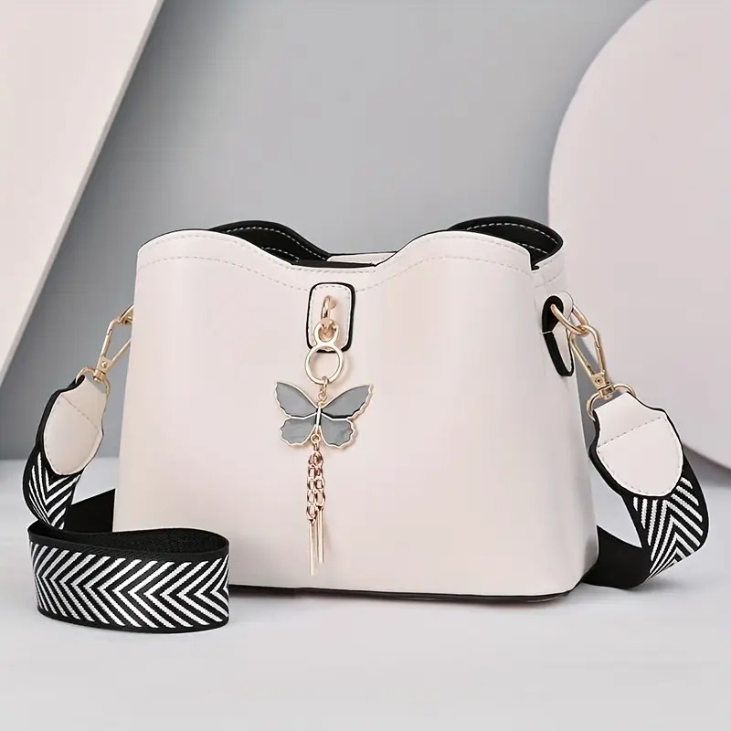 butterfly decor bucket bag geometric strap crossbody bag womens faux leather shoulder bag 9 1 7 1 4 3 inch 0