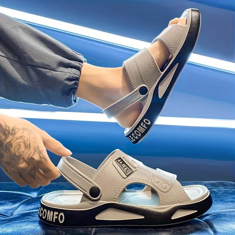 男士夏季拖鞋 - 透气防滑eva沙滩鞋，带几何图案设计，适合海滩及室内使用，黑白舒适带，圆头休闲款式，多功能鞋履 | 街头风格鞋类 | 透气鞋履，夏日凉鞋 商品详情 4