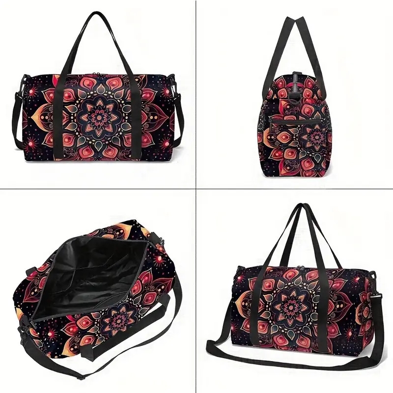 充满活力的波西米亚曼陀罗印花行李袋 - 女士旅行和瑜珈包，带肩带，聚酯材质，混合颜色（紫色、蓝色、粉红色、橙色、青色）- 非常适合健身房、运动或周末度假，旅行行李袋|艺术行李配件 |耐用的旅行装备、旅行包 1