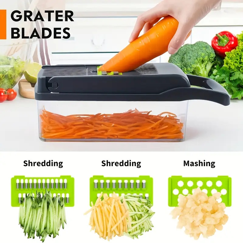 16 in 1 multifunctional vegetable chopper and slicer set manual food processor with container drain basket and hand guard ideal for potatoes onions carrots garlic no power required green and black vegetable slicer and   details 4