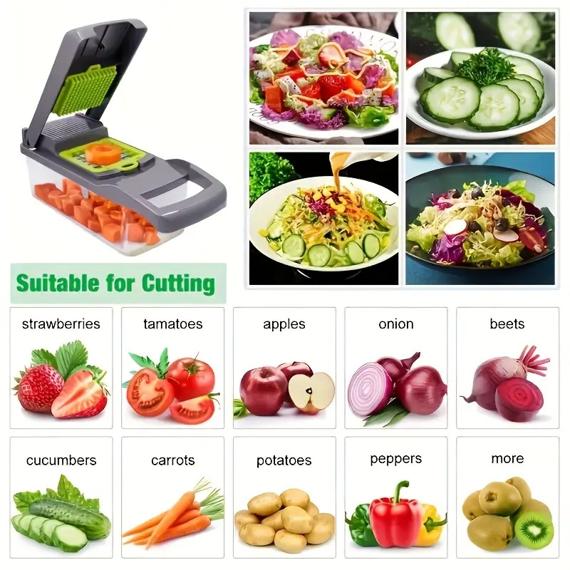 16 in 1 multifunctional vegetable chopper and slicer set manual food processor with container drain basket and hand guard ideal for potatoes onions carrots garlic no power required green and black vegetable slicer and   details 2