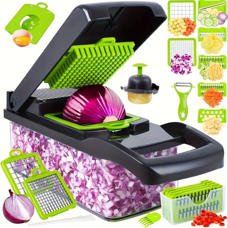 16 in 1 multifunctional vegetable chopper and slicer set manual food processor with container drain basket and hand guard ideal for potatoes onions carrots garlic no power required green and black vegetable slicer and   details 0