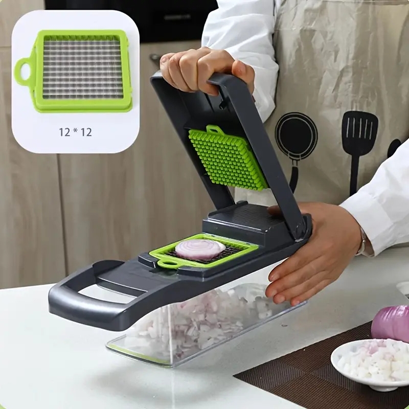 16 in 1 multifunctional vegetable chopper and slicer set manual food processor with container drain basket and hand guard ideal for potatoes onions carrots garlic no power required green and black vegetable slicer and   details 8