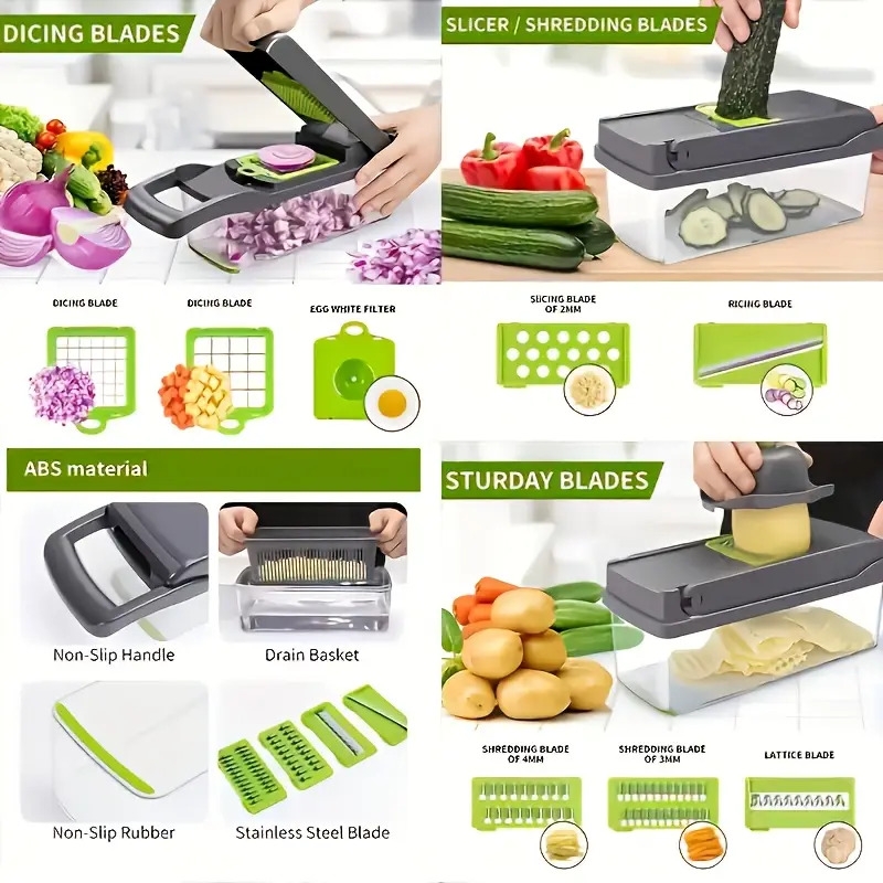 16 in 1 multifunctional vegetable chopper and slicer set manual food processor with container drain basket and hand guard ideal for potatoes onions carrots garlic no power required green and black vegetable slicer and   details 1