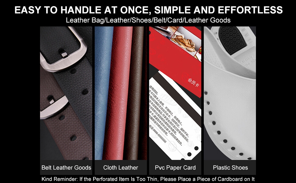 Surtido de artículos de cuero que incluyen cinturones, carteras y zapatos en varios colores. El texto describe los productos como fáciles de manejar.