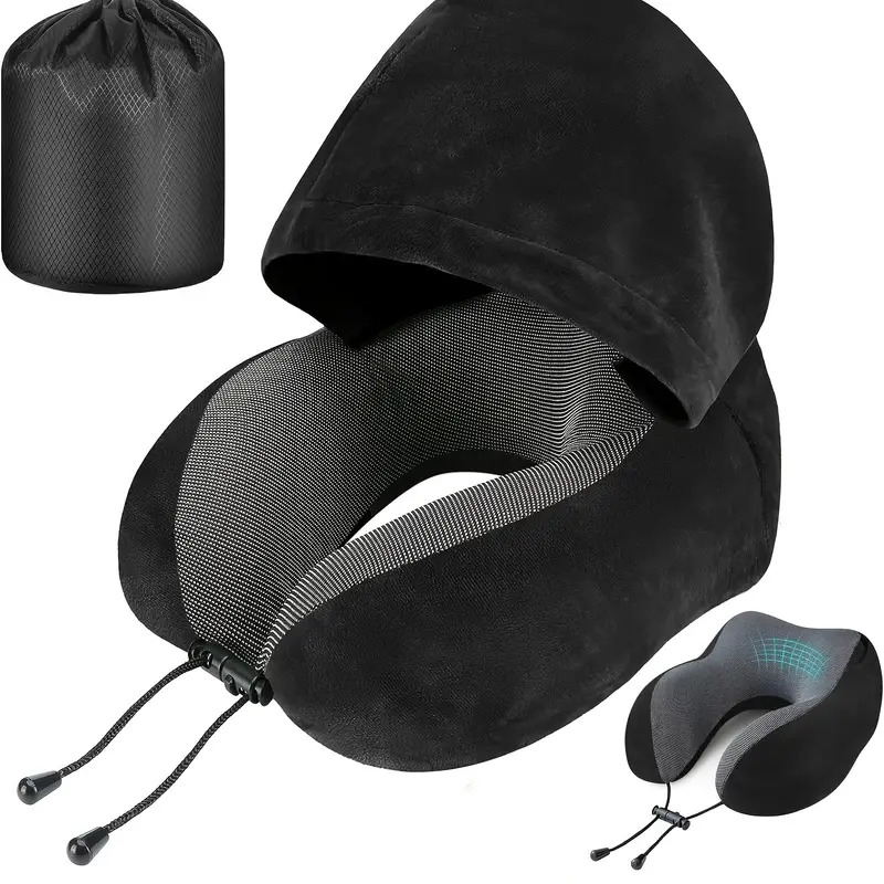 1pc black travel pillow with bag neck pillow for travel with hood for airplane velvet memory foam neck pillow adult head neck support for long flights plane   sleeping rest details 1