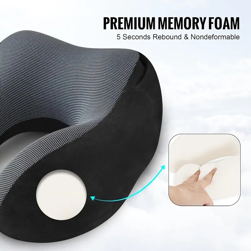 1pc black travel pillow with bag neck pillow for travel with hood for airplane velvet memory foam neck pillow adult head neck support for long flights plane   sleeping rest details 3