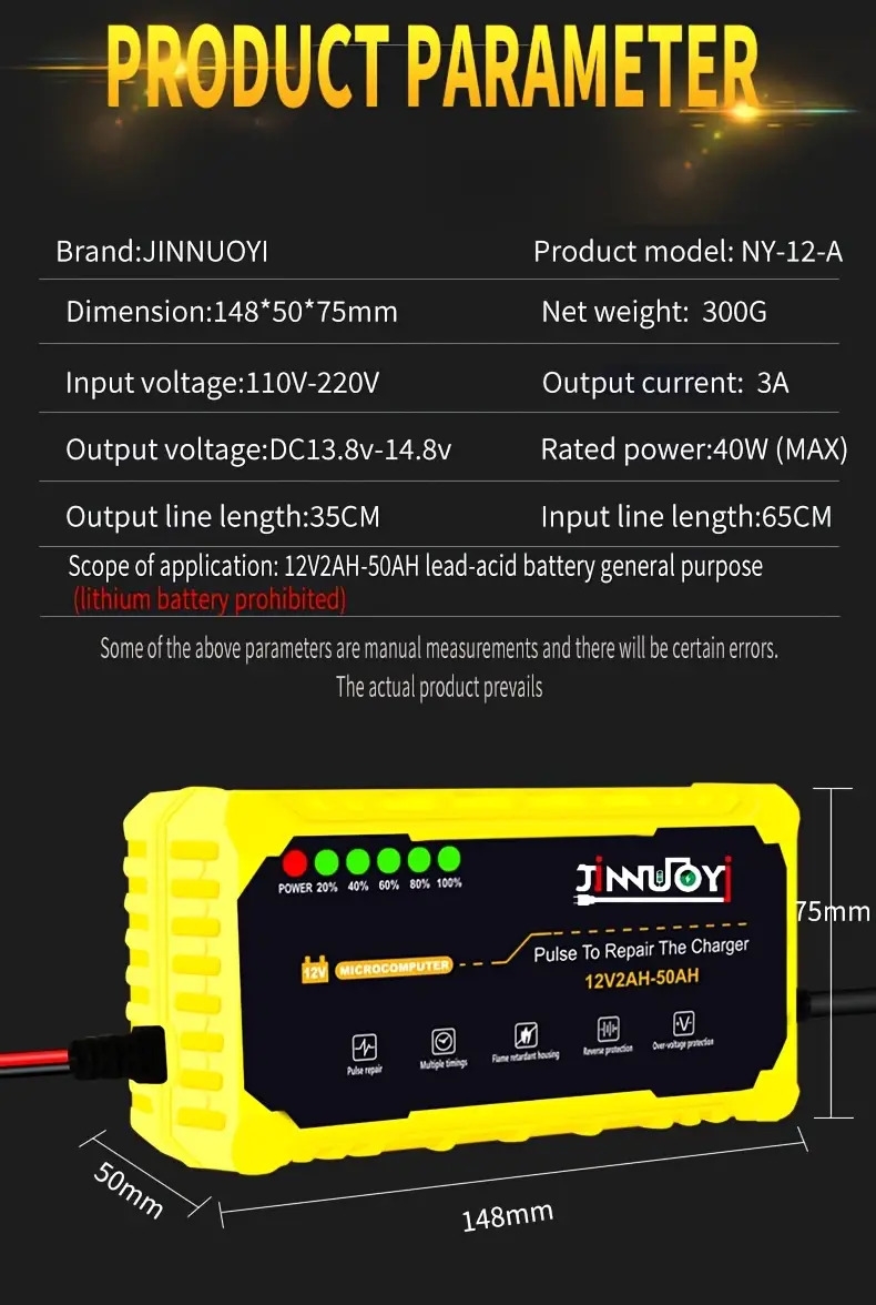 automobile and motorcycle battery charger 12v 3amp fully automatic   lead acid agm gel intelligent maintenance charger lcd suitable for automobiles trucks and motorcycles Product details 14