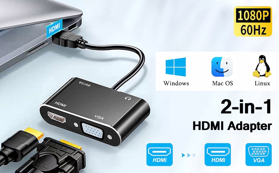Adaptateur HDMI vers VGA pour double écran, répartiteur HDMI pour 2 écrans