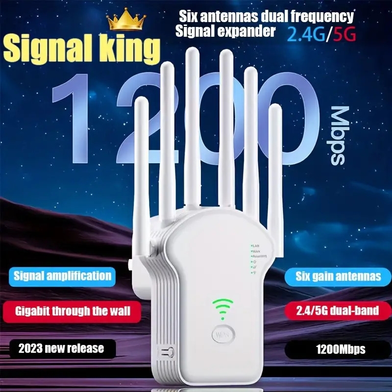 2023 wifi extender us plug wifi booster 6x stronger 1200mbps wifi 2 4 5ghz dual band 3000sq ft wifi signal strong penetrability 35 devices 4 modes 1 tap setup 6 antennas 360 full coverage supports ethernet port details 1
