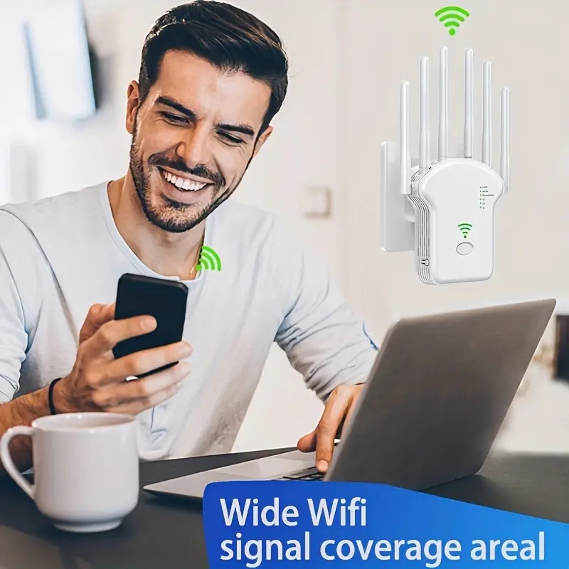 2023 wifi extender us plug wifi booster 6x stronger 1200mbps wifi 2 4 5ghz dual band 3000sq ft wifi signal strong penetrability 35 devices 4 modes 1 tap setup 6 antennas 360 full coverage supports ethernet port details 3