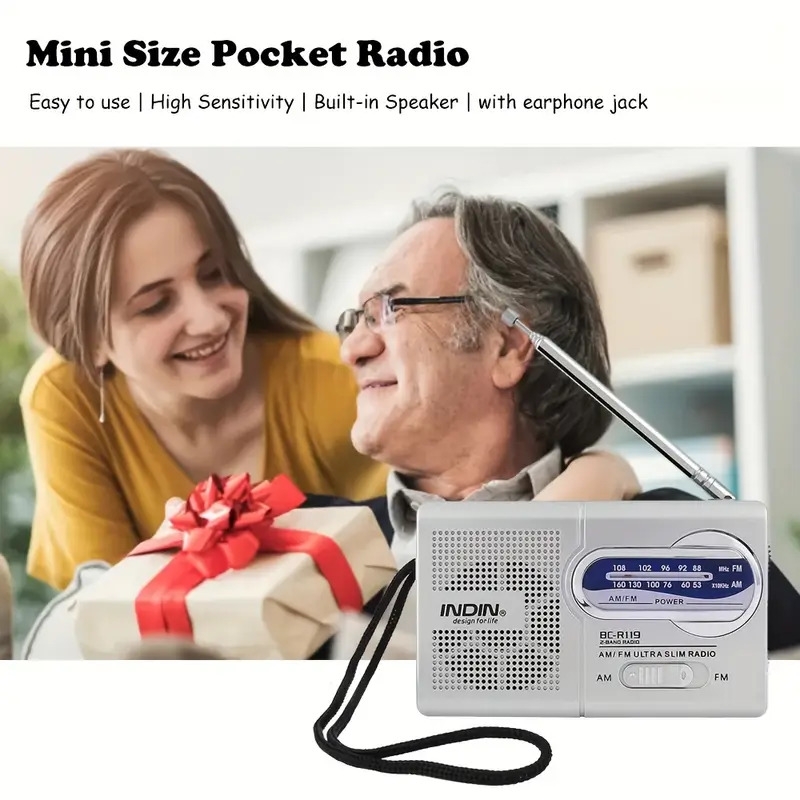 一台迷你便携式am/fm收音机，  bc-r119，led显示，高灵敏度，非防水，兼容耳机，收音信号接收，纤薄设计，配有40mm扬声器，适合家庭、户外和紧急使用 - 不含电池 商品详情 7