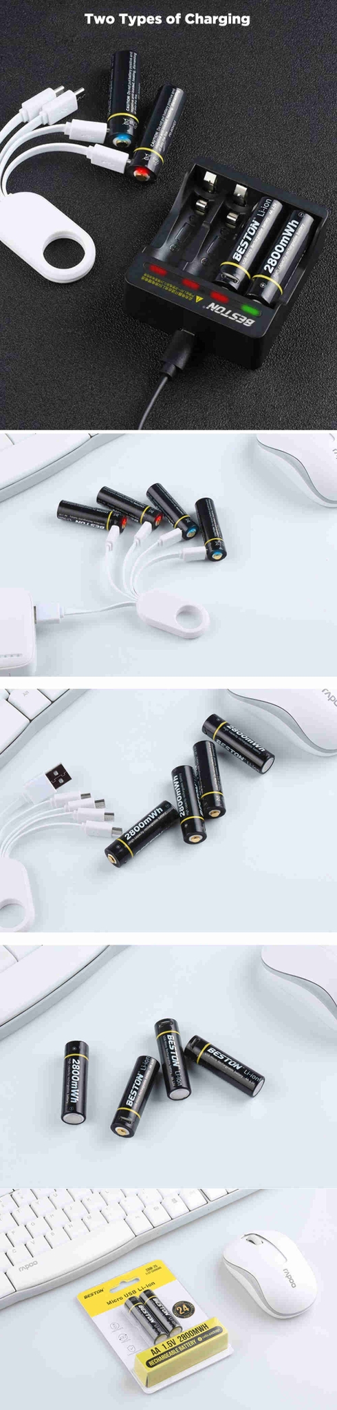 2Pcs BESTON 1.5V AA/AAA 2800mAh/800mAh Micro USB Charging Battery Lithium Rechargeable Batteries for Flashlight Camera Camping Hunting