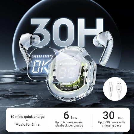 Acefast Wireless Clear Bluetooth Earphones with Digital Display