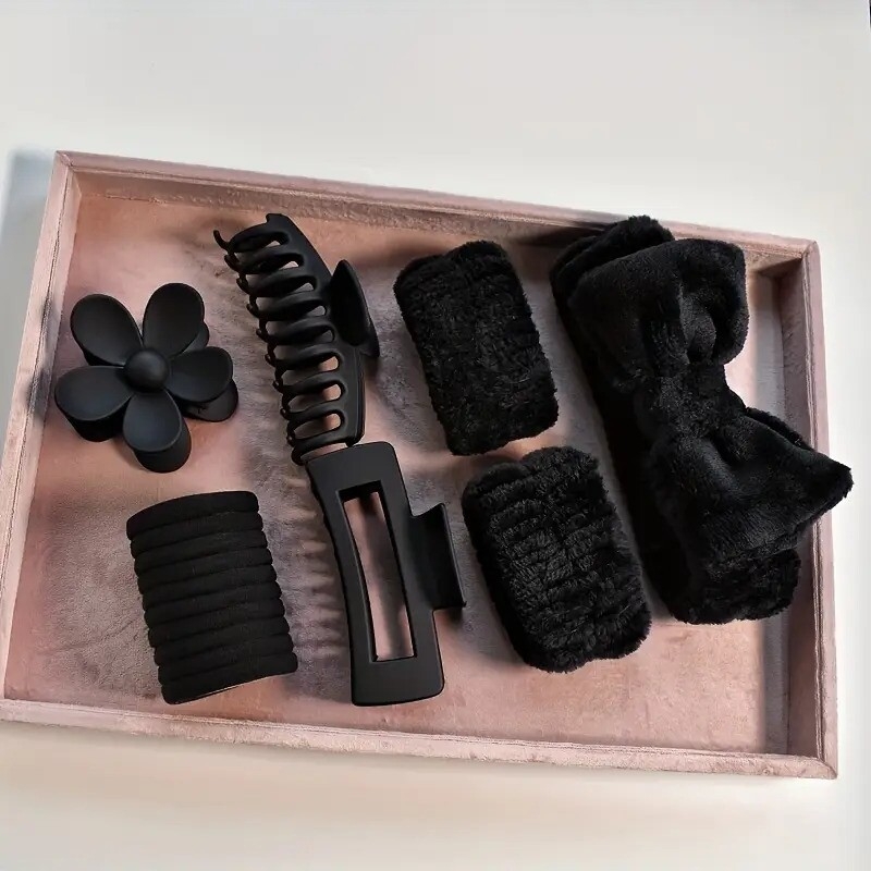 16pcs set hair styling tools set soft wristbands cute sweet bowknot decor headband plastic hair claw clips ponytail holders travel essentials details 7