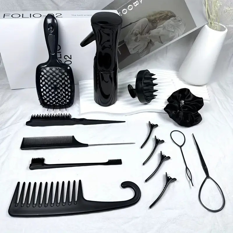 14件套美发套，装配备有尖尾梳 眉刷 发刷 洗头刷 干湿两用镂空梳 带勾宽齿梳 发夹 发圈 200ml喷雾壶 适用于家庭或发廊美发套装，女士专业造型套装 详情 4