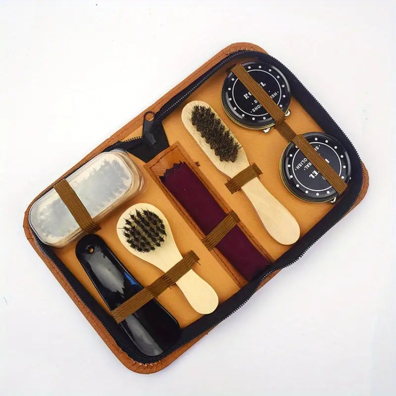 1set   tools 3pcs wooden shoe brushes 2pcs shoe wax 1pc shoe horn leather   set suitable for home and travel use 3