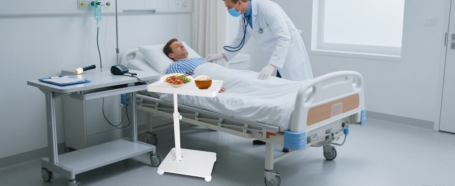 Medical setting showing hospital bed with monitoring equipment and overbed table in a clean, white room environment.