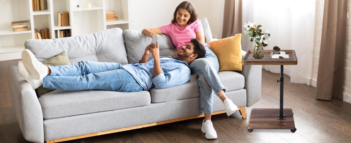 A modern living room interior with light furniture showing multiple views of a comfortable sofa setting with natural lighting and decorative cushions.