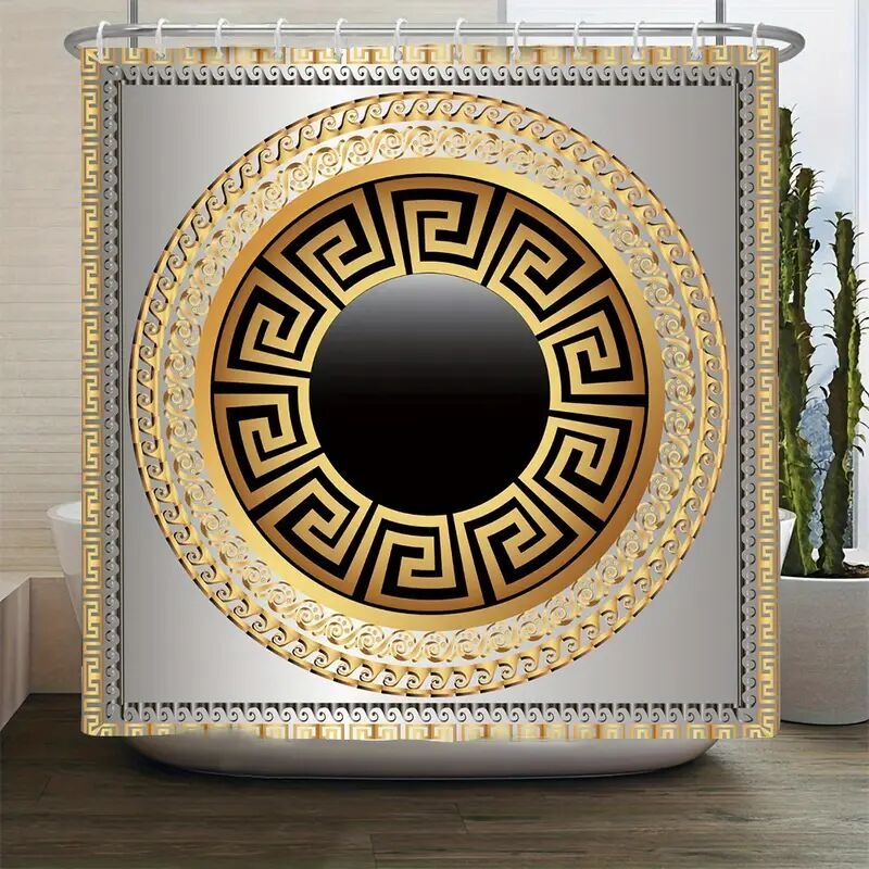 1/3pcs Juego De Cortina De Ducha Y Alfombra De Baño, Cortina De Ducha Geo Negra Y Dorada Con 12 Ganchos, Alfombra De Baño Antideslizante, Tapa De Inodoro Y Alfombra En Forma De U, Decoración De Baño detalles 1