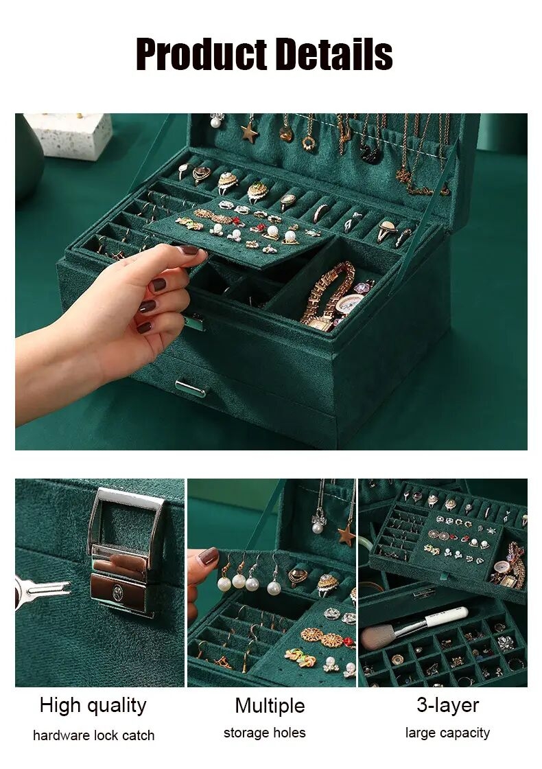 1pc 3 layer flannelette lockable jewelry storage box antique flannelette jewelry organizer case ear stud necklace earring ring watch jewelry box ideal choice for gifts details 1