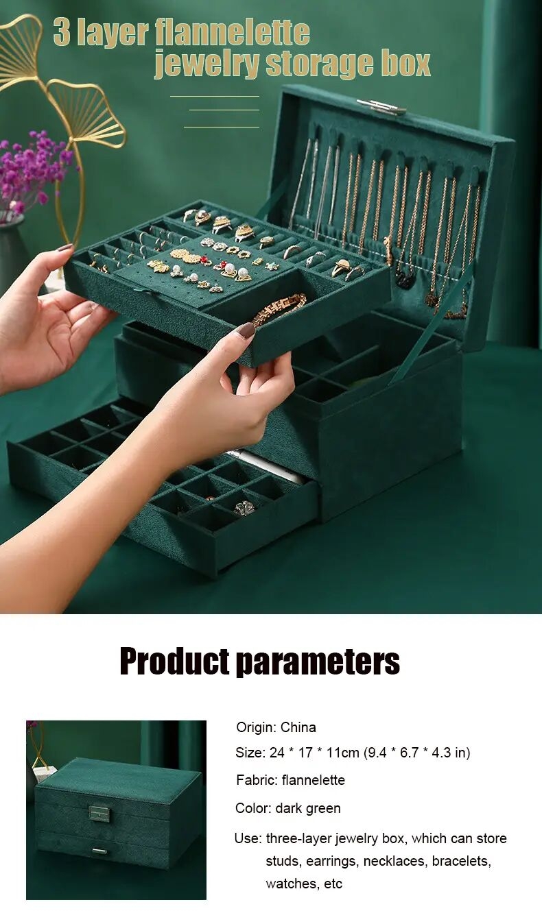 1pc 3 layer flannelette lockable jewelry storage box antique flannelette jewelry organizer case ear stud necklace earring ring watch jewelry box ideal choice for gifts details 0