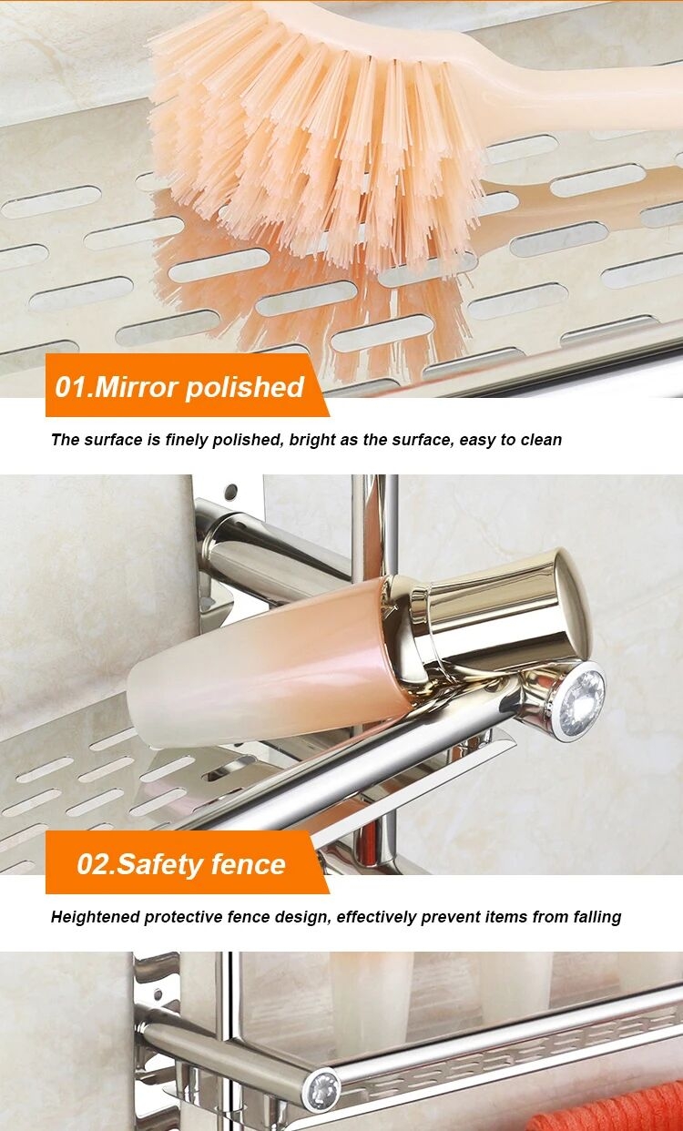 现代环保不锈钢三层浴室搁板架双层和单层壁挂式清洁毛巾