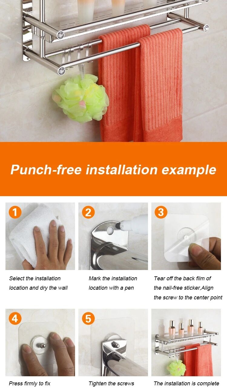 现代环保不锈钢三层浴室搁板架双层和单层壁挂式清洁毛巾