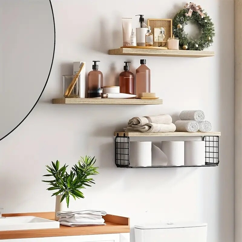 3pcs set bathroom floating shelves wall mounted floating shelves with grid storage baskets used for decorating farmhouses in bathrooms living rooms bedrooms and kitchens multi color 15 8x5 9inches details 0
