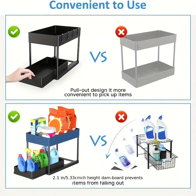 1set under sink organizer 2 tier sliding cabinet basket organizer drawers under sink organizers and storage bathroom kitchen cabinet organizer with hooks cup the bottom drawers can be slid out kitchen accessories for commercial restaurant for small business owners shops retailers details 3