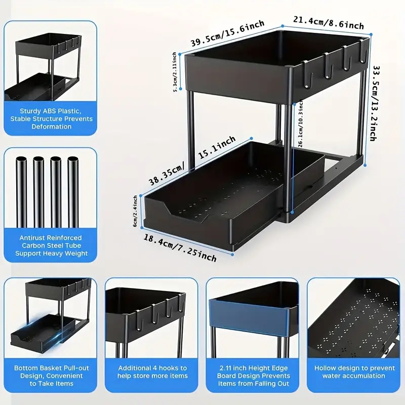 1set under sink organizer 2 tier sliding cabinet basket organizer drawers under sink organizers and storage bathroom kitchen cabinet organizer with hooks cup the bottom drawers can be slid out kitchen accessories for commercial restaurant for small business owners shops retailers details 0