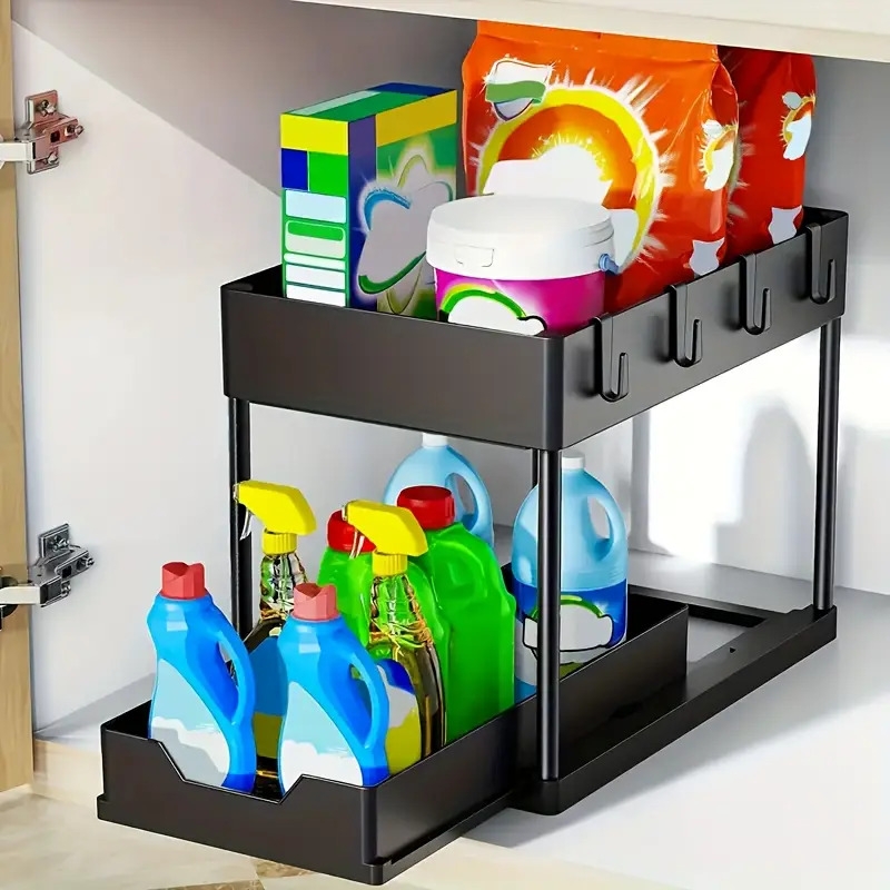 1set under sink organizer 2 tier sliding cabinet basket organizer drawers under sink organizers and storage bathroom kitchen cabinet organizer with hooks cup the bottom drawers can be slid out kitchen accessories for commercial restaurant for small business owners shops retailers details 1