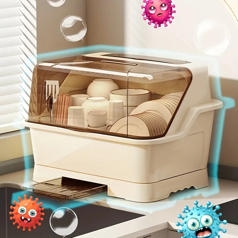 dish drying rack with lid space saving dust proof kitchen storage cabinet cream multi functional utensil organiser with drainage plate suitable for countertops and cabinets dish drying rack for kitchen countertops Product details 5