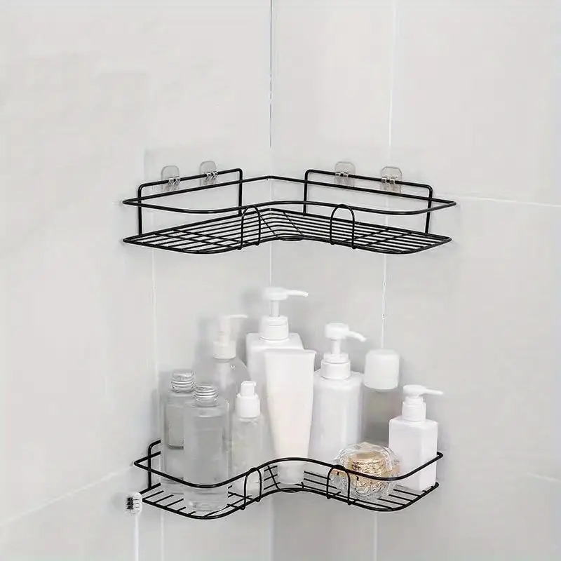 1pc bathroom corner shelf triangle bathroom organizer storage rack wall shelf without punching bathroom accessories contains two double hung stickers details 6