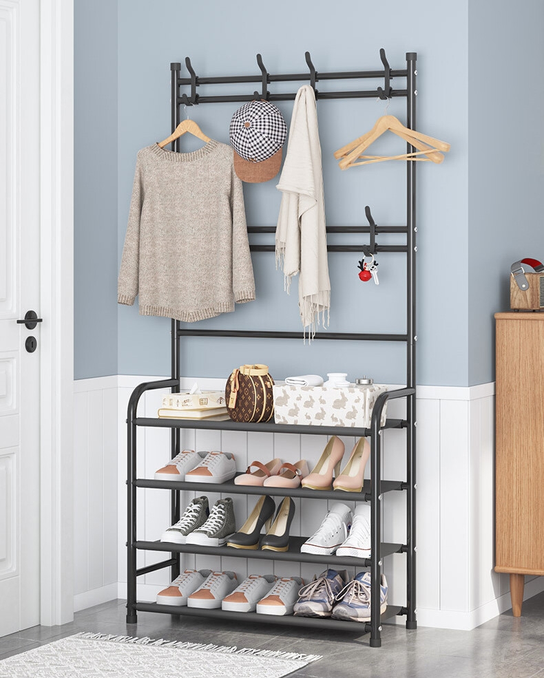 Home Shoe Rack With Coat Rack Hooks Small Footprint Double Row Hook Design Metal Coat Stand Hanging