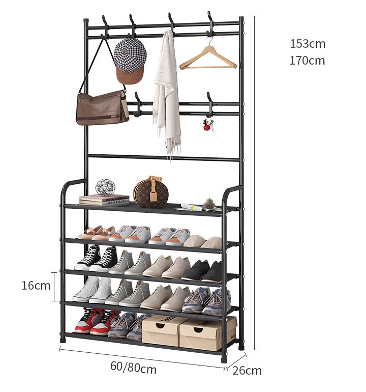 Home Shoe Rack With Coat Rack Hooks Small Footprint Double Row Hook Design Metal Coat Stand Hanging