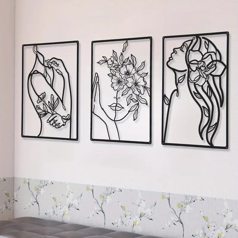 3 pieces metal minimalist woman wall hanging for kitchen bathroom living room details 1