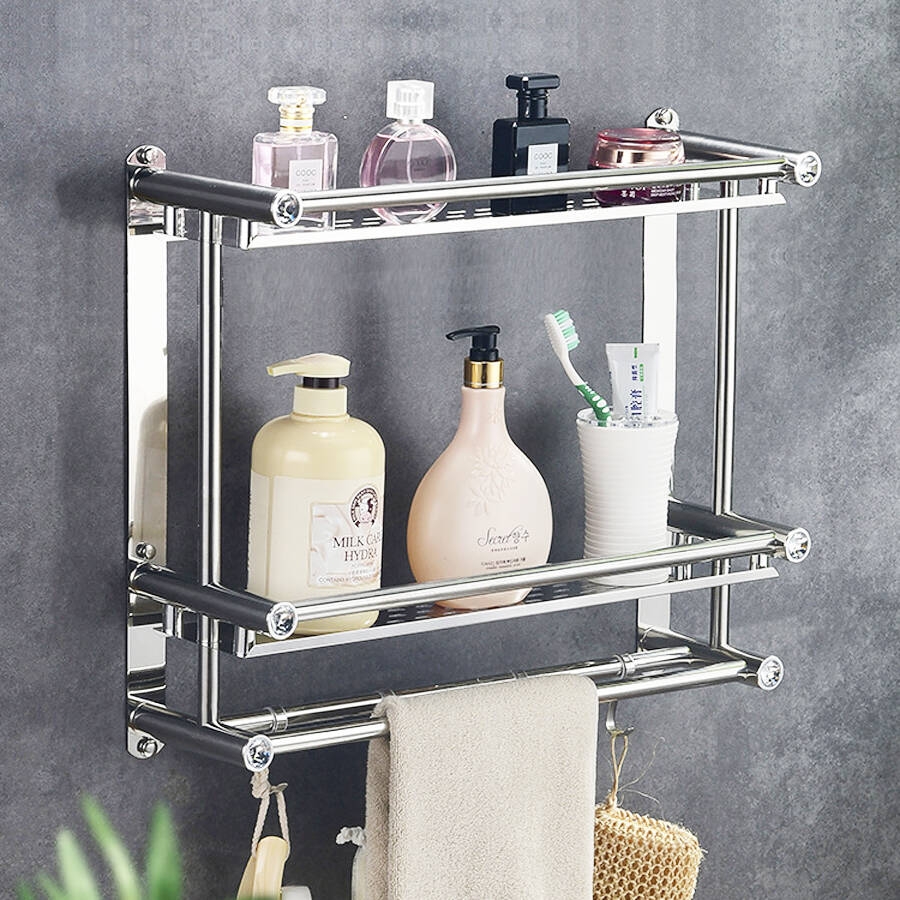 Two Tier Wall Mounted Bathroom Rack Bathroom Shelf Stainless Steel Hanging  Rack Shampoo Storage Organizer Towel Rack With Hoo  Buy Bathroom Rack  Bathroom Shelf Stainless Steel Hanging Rack Shampoo Storage Organizer