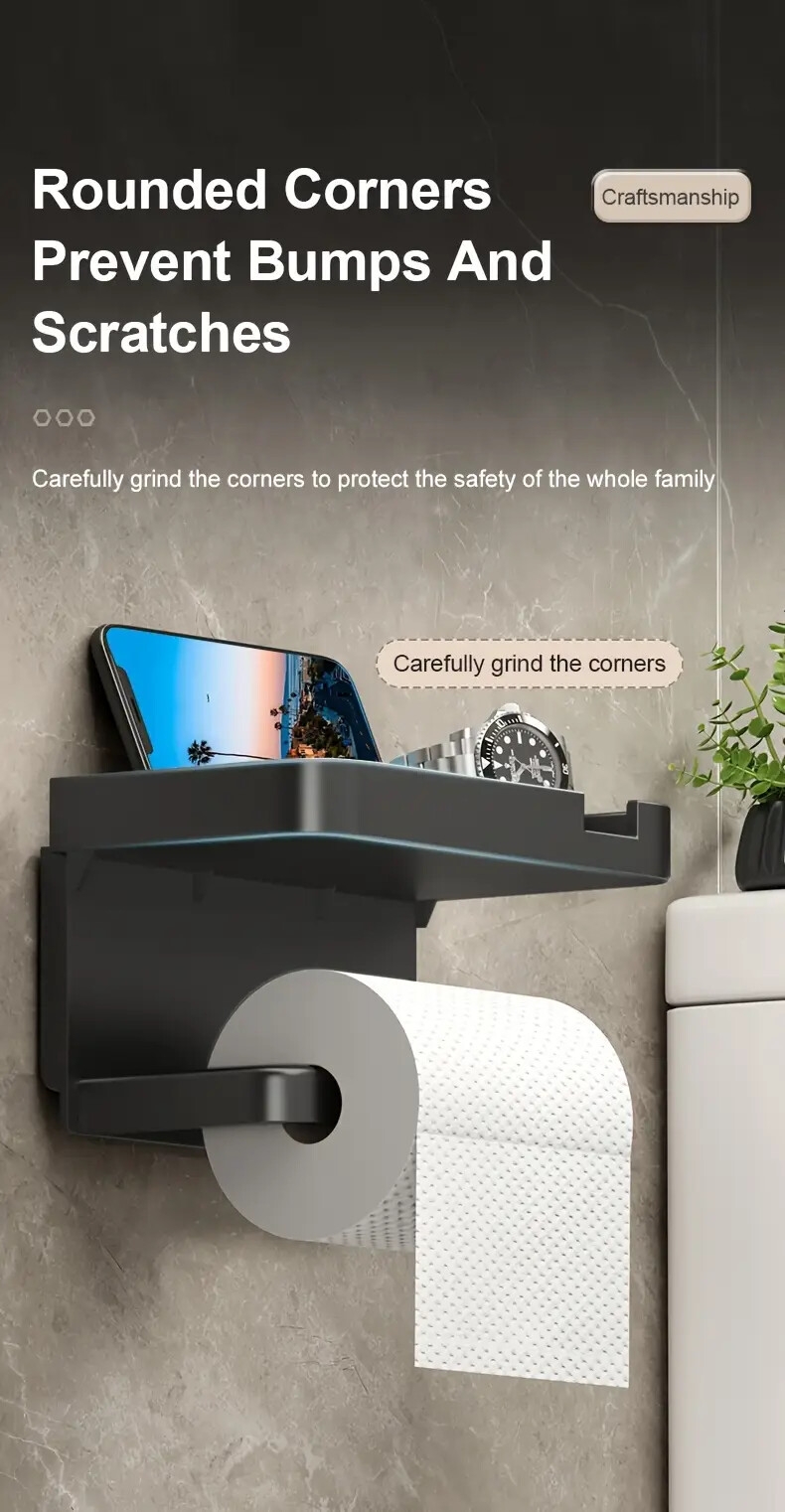 1pc toilet paper storage rack bathroom wall mounted plastics holder non punching adhesive tissue box shelf dual purpose storage rack mobile phone holder toiletry organizer bracket bathroom and toilet supplies bathroom accessories plastics details 12