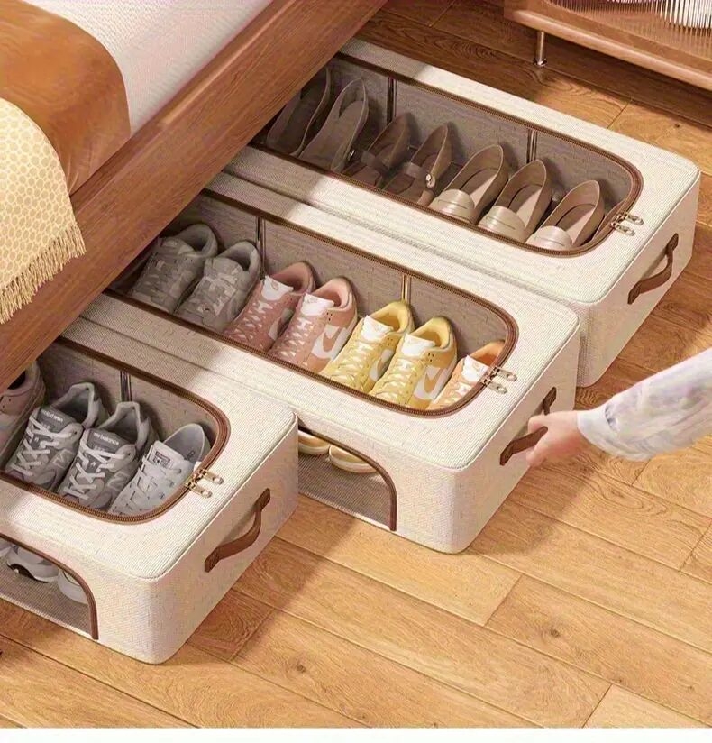 4 个季节均可使用可折叠双窗鞋柜-防尘可堆叠床下收纳器，米色亚麻布复古风格，适用于运动鞋、高跟鞋、鞋子等-节省空间的多用途壁橱和卧室收纳解决方案，鞋柜，中性装饰补充，床下收纳 商品详情 0