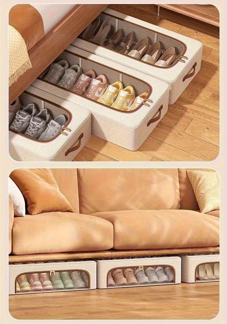 4 个季节均可使用可折叠双窗鞋柜-防尘可堆叠床下收纳器，米色亚麻布复古风格，适用于运动鞋、高跟鞋、鞋子等-节省空间的多用途壁橱和卧室收纳解决方案，鞋柜，中性装饰补充，床下收纳 商品详情 9