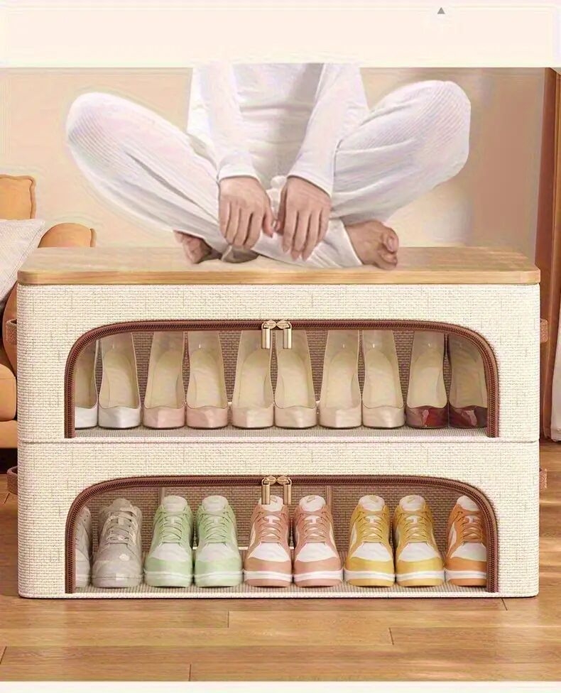 4 个季节均可使用可折叠双窗鞋柜-防尘可堆叠床下收纳器，米色亚麻布复古风格，适用于运动鞋、高跟鞋、鞋子等-节省空间的多用途壁橱和卧室收纳解决方案，鞋柜，中性装饰补充，床下收纳 商品详情 4