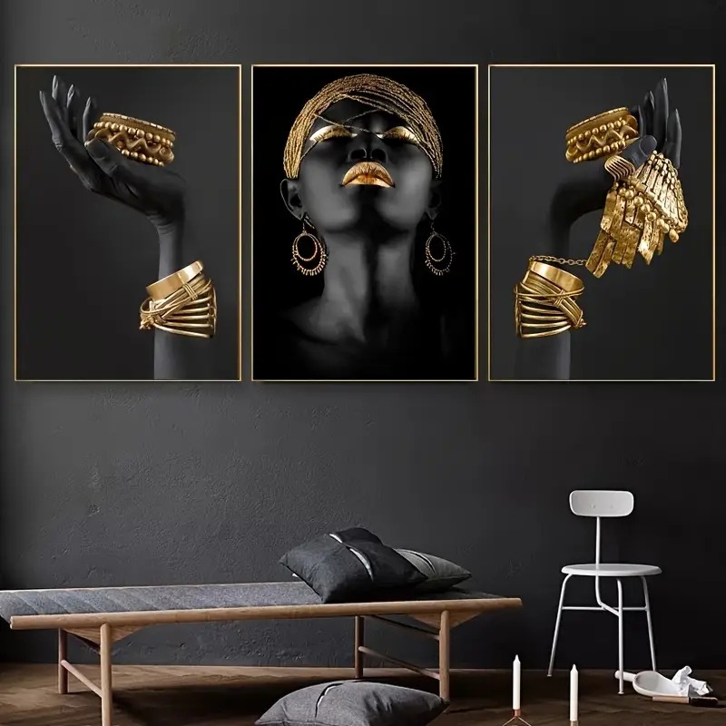3pcs african woman wall painting art posters and prints big woman holding golden jewelry canvas picture for living room decor no frame details 1