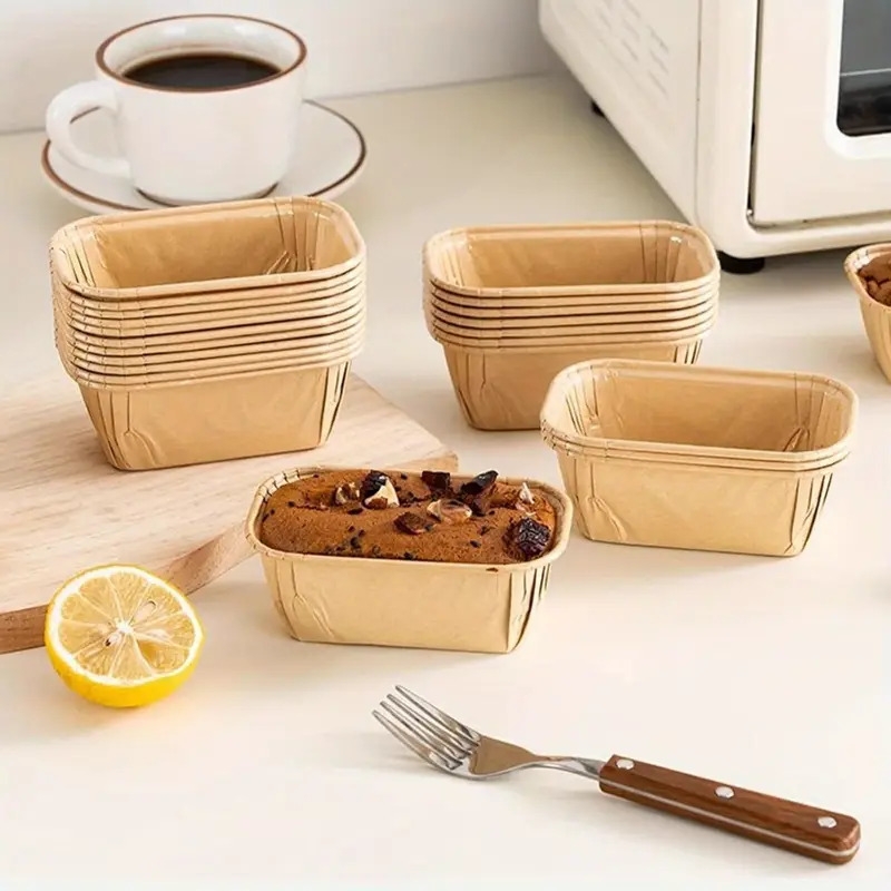 50个防油纸板烘焙杯 - 矩形迷你面包蛋糕与松饼盒带凹槽边，叠放设计均匀烘焙，适用于面包、纸杯蛋糕、甜点（烘焙级食品安全），烘焙配件，凹槽边缘设计 1