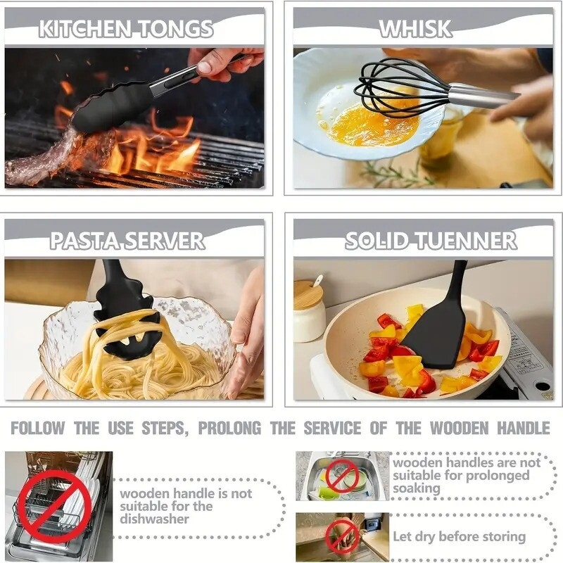 kitchen utensils set 34pcs silicone cooking utensils with holder heat resistant kitchen utensil spatula set for nonstick cookware black wooden handles kitchen gadgets tools set 5