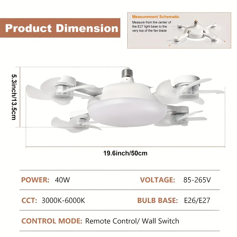 2025新款吊扇灯，大号led灯带4个风扇头，强劲风速，适用于e26/e27接口，适合客厅、庭院、卧室等大空间的通风与照明 详情 2