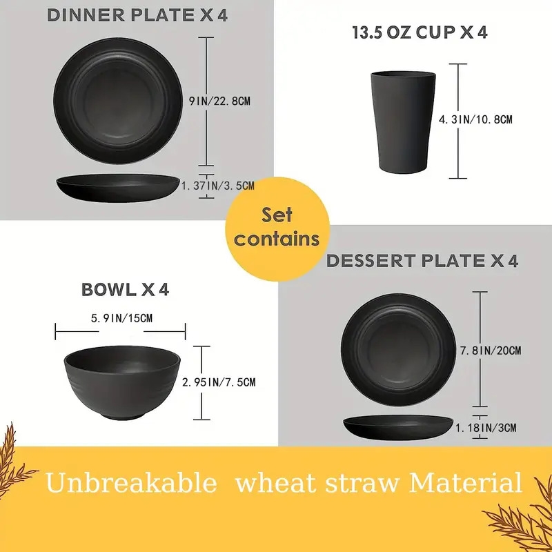 16pcs set durable wheat straw dinnerware set microwave dishwasher safe reusable plates bowls and cups black set of 4 perfect for everyday use details 2