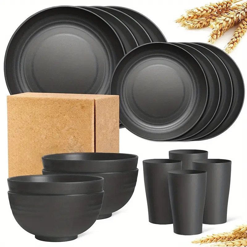 16pcs set durable wheat straw dinnerware set microwave dishwasher safe reusable plates bowls and cups black set of 4 perfect for everyday use details 0