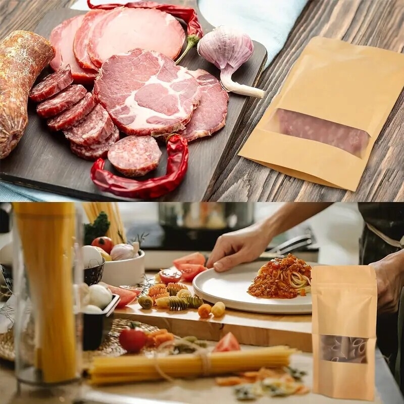 24 piece reusable kraft paper bags with window leakproof zip lock food storage pouches multiple sizes details 5